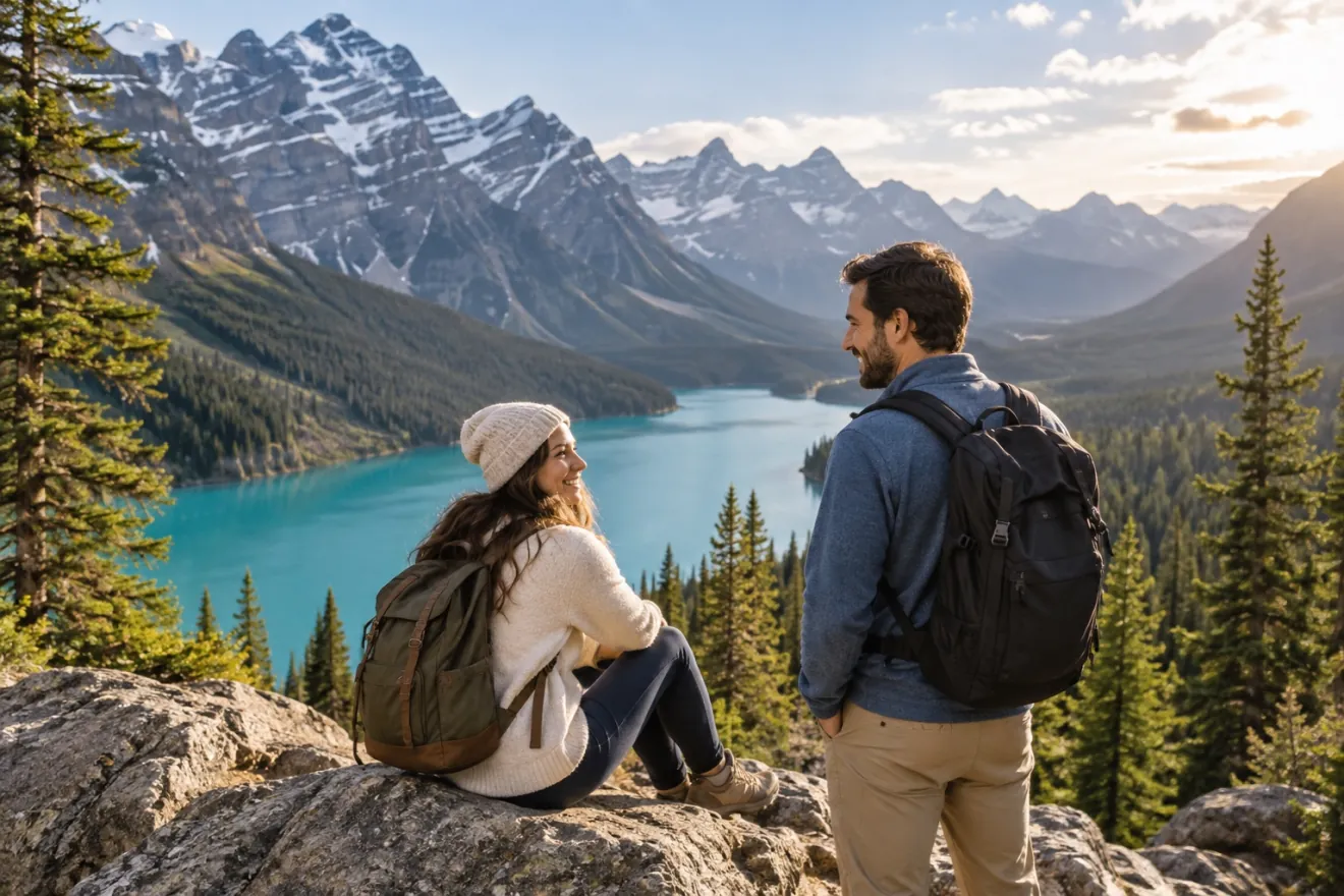 Deux voyageurs devant un lac des Rocheuses canadiennes